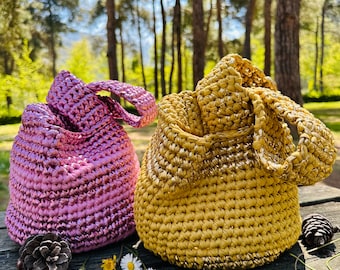 Crochet Knot Bag Japanese Wristlet bag T-shirt yarn Bucket Bag Mother’s Day gift Metallic Purse Handbag Handmade Pouch Purse Gift for Women