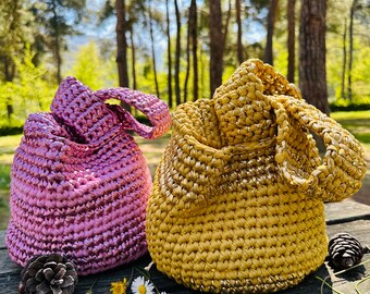 Crochet Knot Bag Japanese Wristlet bag T-shirt yarn Bucket Bag Mother’s Day gift Metallic Purse Handbag Handmade Pouch Purse Gift for Women