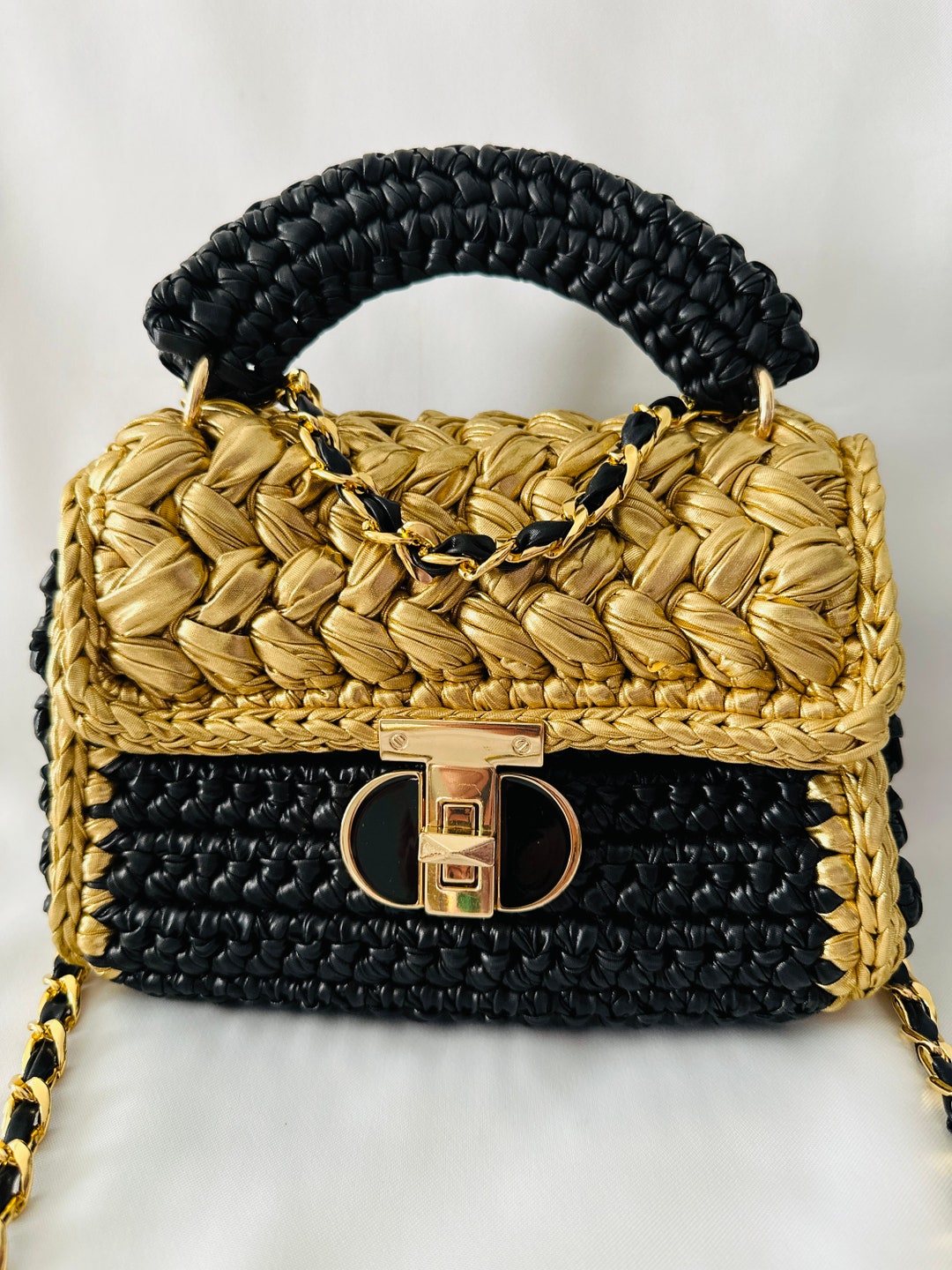 Womens Black Leather Tote Bag with  Gold Studs And Rhinestones