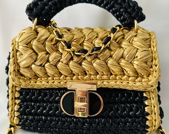 Black and Gold Leather bag Metallic Handbag Crochet Clutch Woven Shiny Evening bag Luxury bag Gold Purse Elegant Shoulder bag Gift for women