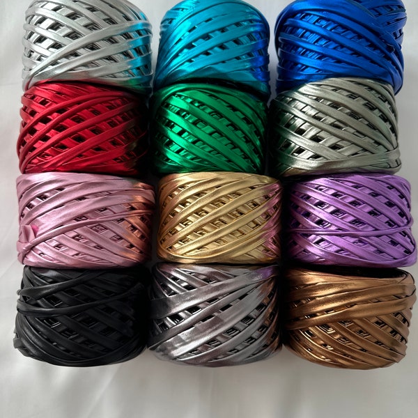 Metallic t-shirt yarn Crochet bags Knit bags Leather yarn for bags Mat leather yarn Maccaroni yarn DIY Knitted bag Handmade bag 65 yards 60m