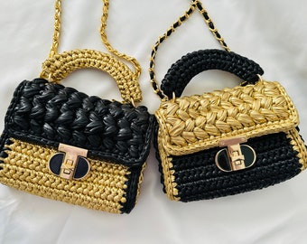 Gehäkelte Schwarz und Gold Tasche Metallic Handtasche Crochet Clutch Woven Shiny Abendtasche Luxus Tasche Gold Geldbörse Leder Umhängetasche Geschenk für Frauen