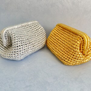 Metallic-Geldbörse, goldfarbene Metallic-Clutch, gehäkelte Wolkentasche, Abendtasche, gestrickte glänzende Tasche, Raffia-Clutch-Tasche, handgefertigte Luxustasche