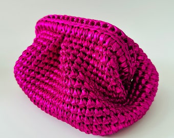 Metallic Fuchsia Clutch Handmade Pouch Bag Evening Bag Metallic Cloud Bag Knitted Metallic Purse Mother's Day gift Crochet handbag