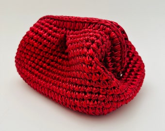Metallic Red Clutch Handmade Leather Pouch Bag Evening Bag Metallic Cloud Bag Knitted Metallic Purse Mother's Day gift Crochet handbag Gift