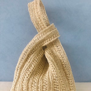 Raffia Knot bag Japanese knot bag in beige Raffia wristlet handbag Hobo bag Crochet summer wrist bag Handmade Pouch Purse Straw bucket bag image 7