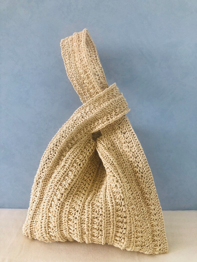 Raffia Knot bag Japanese knot bag in beige Raffia wristlet handbag Hobo bag Crochet summer wrist bag Handmade Pouch Purse Straw bucket bag image 7