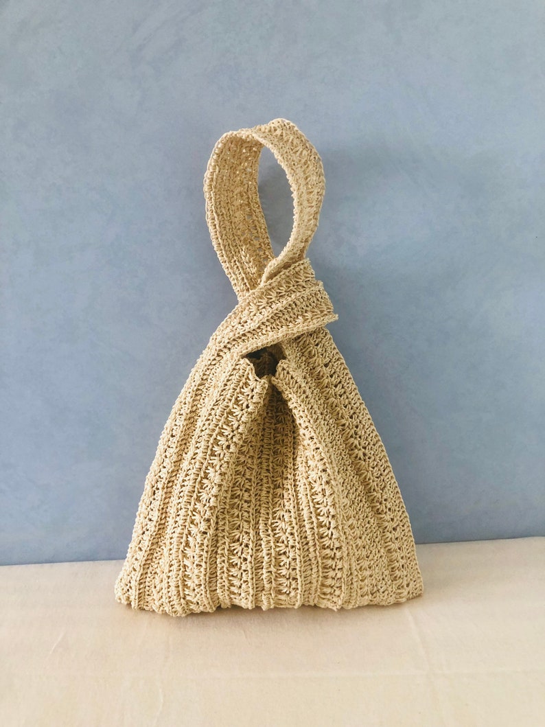 Raffia Knot bag Japanese knot bag in beige Raffia wristlet handbag Hobo bag Crochet summer wrist bag Handmade Pouch Purse Straw bucket bag image 5