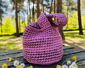 Crochet Japanese Knot Bag T-shirt yarn Bucket Bag Wristlet bag Mother’s Day gift Metallic Purse Handbag Handmade Pouch Purse Gift for Women