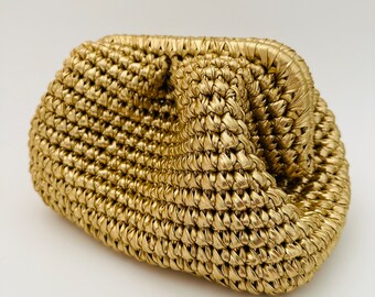 Metallic Gold Clutch Crochet Cloud Bag Evening handbag Handmade Pouch Clutch Bag Metallic Shiny bag Raffia Gold Handbag Gift for Women