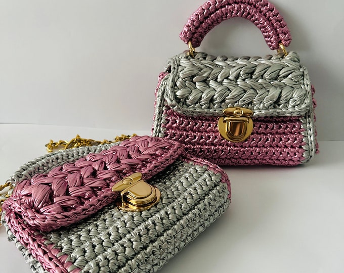 Crochet Metallic Shoulder Bag Mothers Day gift Leather Metallic Raffia clutch Luxury Evening Bag Gift for Women Handmade Metallic Bag