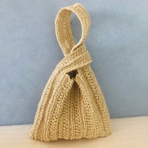 Raffia Knot bag Japanese knot bag in beige Raffia wristlet handbag Hobo bag Crochet summer wrist bag Handmade Pouch Purse Straw bucket bag image 1