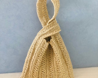 Raffia Knot bag Japanese knot bag in beige Raffia wristlet handbag Hobo bag Crochet summer wrist bag Handmade Pouch Purse Straw bucket bag