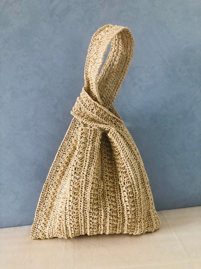 Raffia Knot bag Japanese knot bag in beige Raffia wristlet handbag Hobo bag Crochet summer wrist bag Handmade Pouch Purse Straw bucket bag image 3