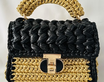 Pochette all'uncinetto metallizzata oro e nero Borsa da sera lucida lavorata a maglia Borsa in tessuto di lusso Borsa in pelle dorata Borsa a tracolla elegante Regali per la mamma