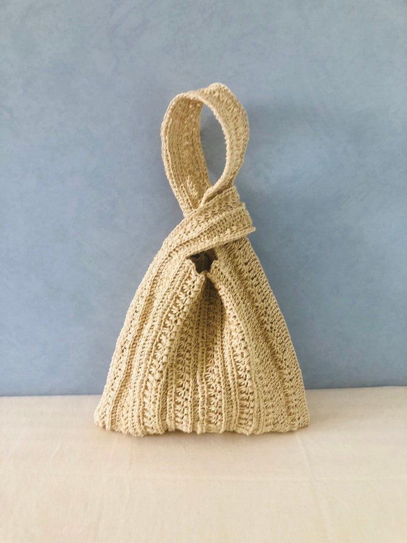 Raffia Knot bag Japanese knot bag in beige Raffia wristlet handbag Hobo bag Crochet summer wrist bag Handmade Pouch Purse Straw bucket bag image 10