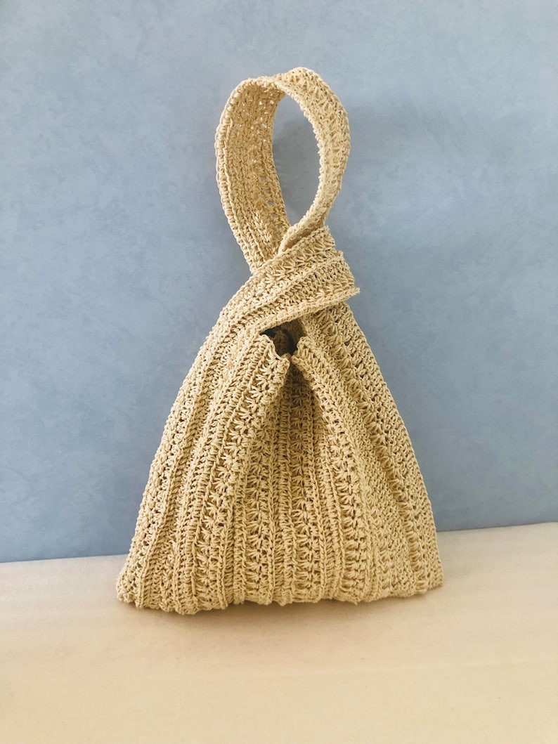 Raffia Knot bag Japanese knot bag in beige Raffia wristlet handbag Hobo bag Crochet summer wrist bag Handmade Pouch Purse Straw bucket bag image 4