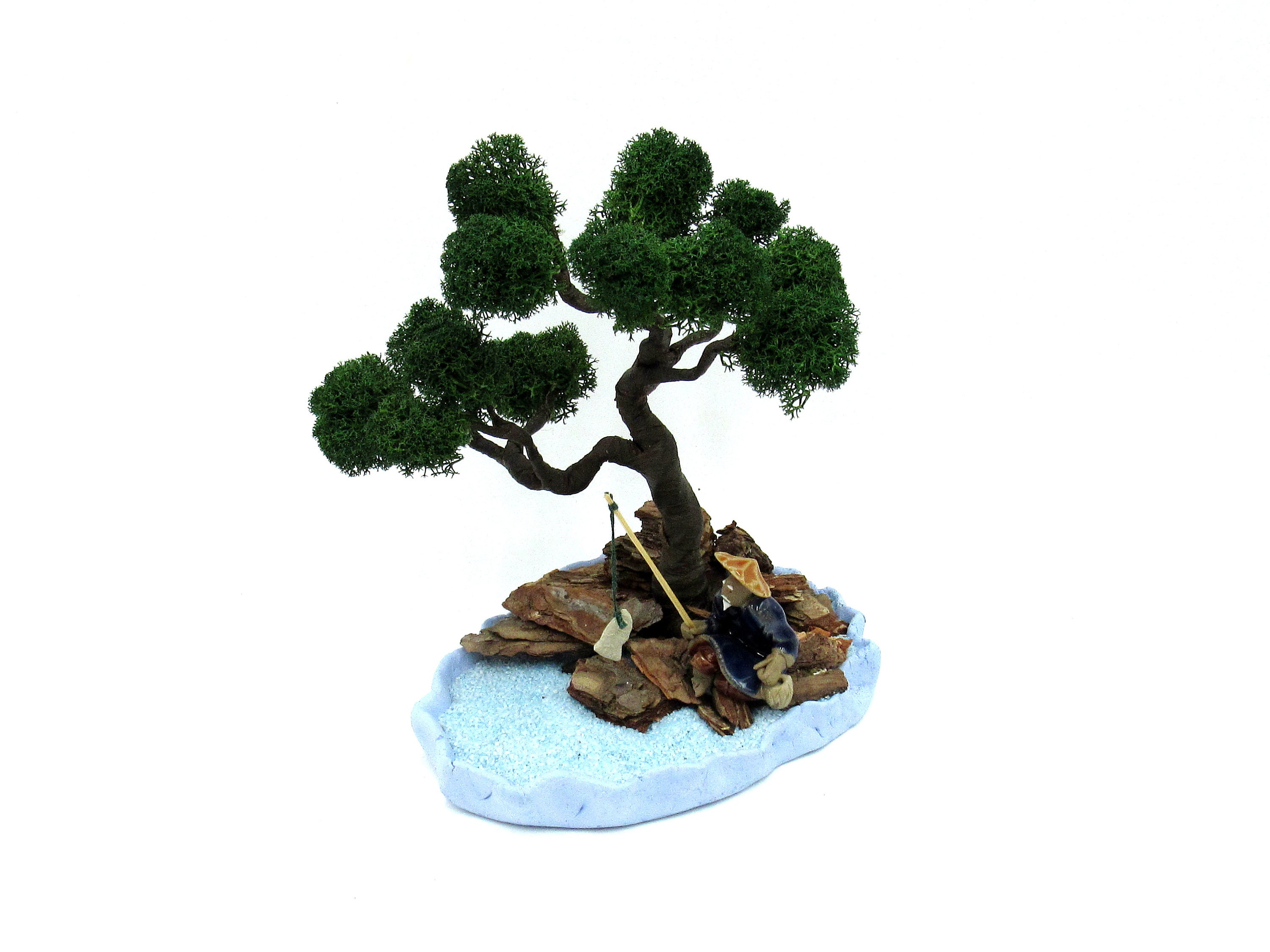 Mini zen garden Artificial bonsai tree with fisherman | Etsy