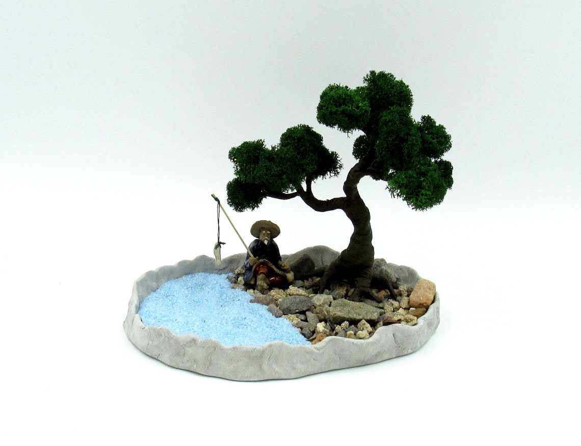 Artificial bonsai tree with fisherman Mini zen garden Etsy