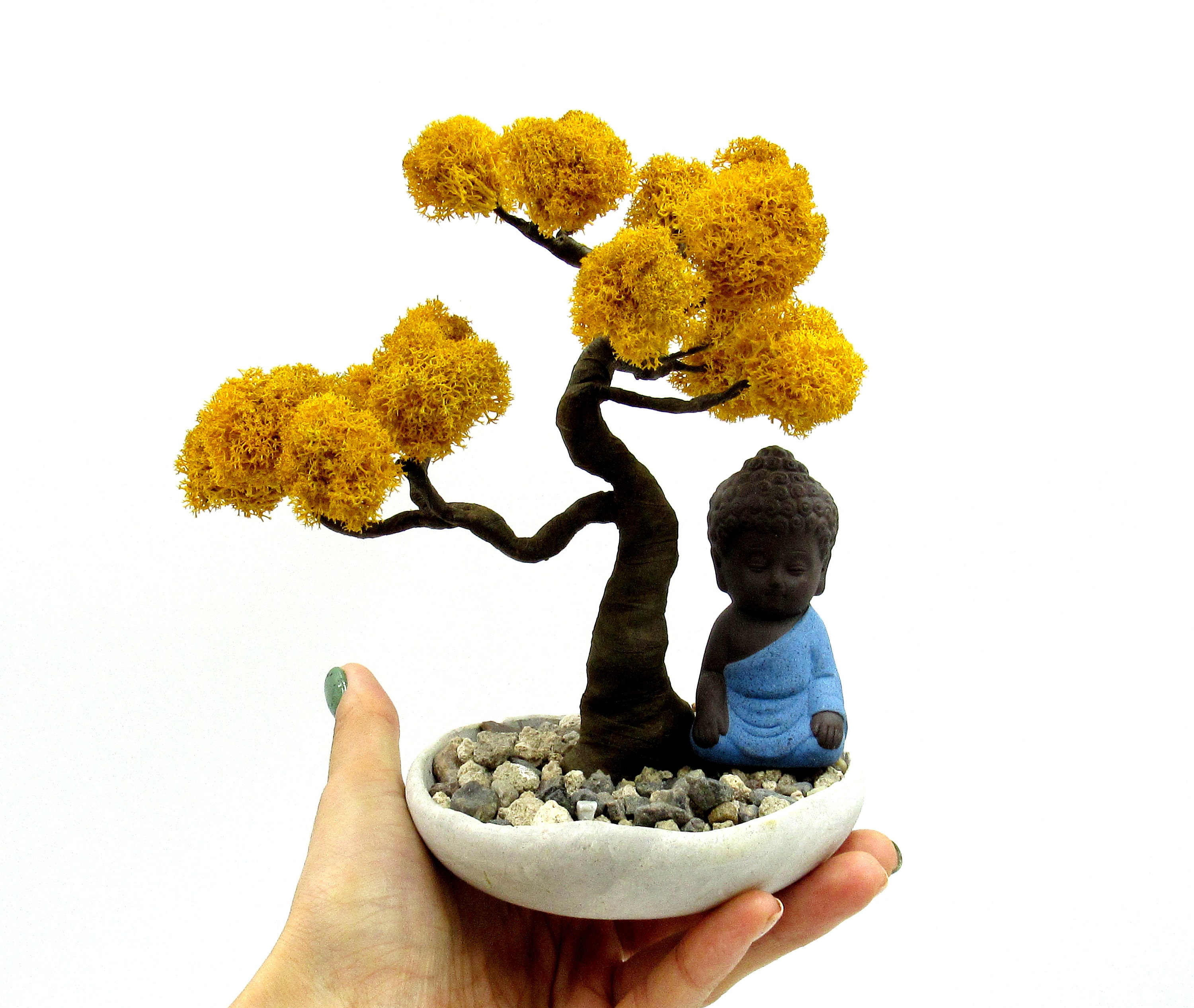 Yellow artificial tree Mini zen garden Preserved moss bonsai Etsy