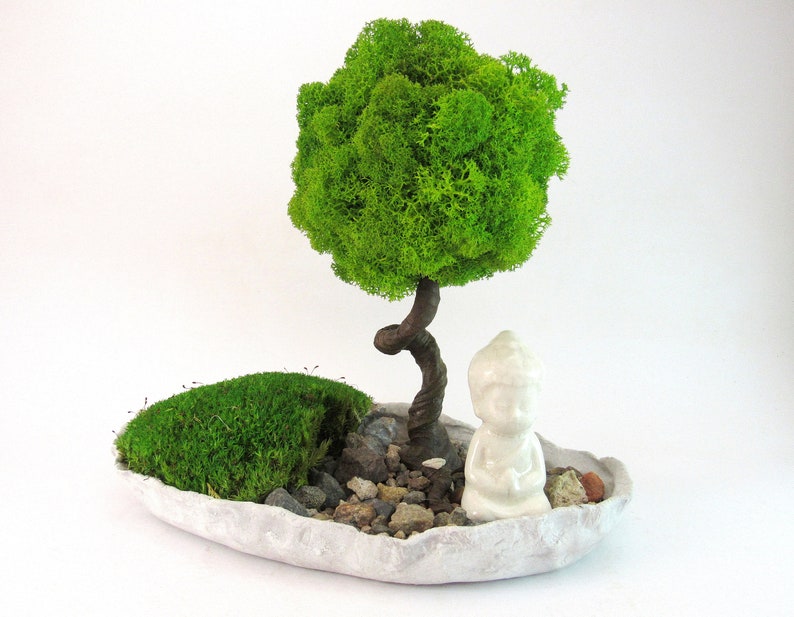 Zen garden White Buddha statue Globe bonsai tree Tiny blue