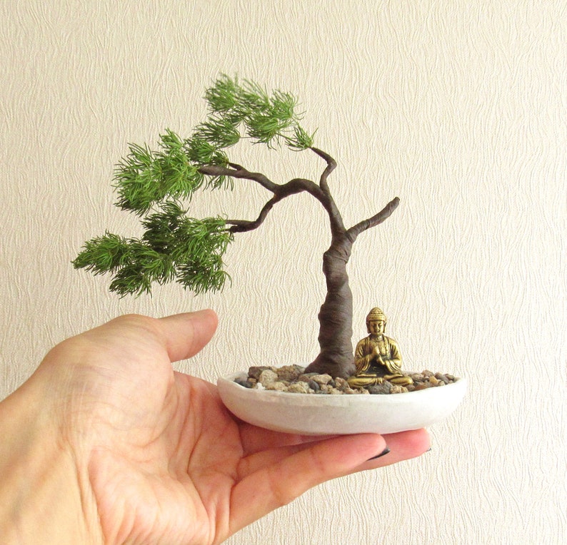 Mini zen garden Artificial bonsai tree Cooper Buddha statue Etsy
