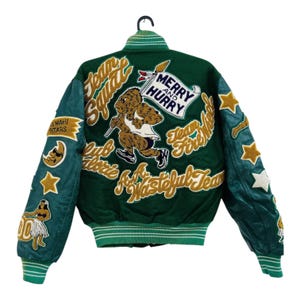 Vintage 80s Wool Varsity Jacket: Patchwork Sea Hippie Letterman Coat (Size 40)