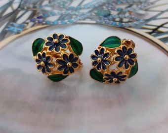 Boucles d'Oreilles Clips VINTAGE – Fleur Bleu Vert