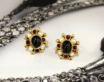 Boucles d'Oreilles Percées VINTAGE - Fleur Rosace Noir Rouge Perle