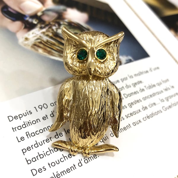 Broche VINTAGE - Chouette Hibou Cristal Vert