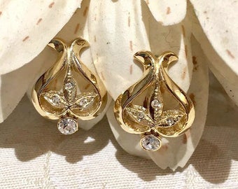 Boucles d'Oreilles Clips VINTAGE SPHINX - Feuille Fleur Coeur Ajouré Cristal