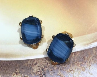 Boucles d'Oreilles Clips VINTAGE SPHINX - Rectangle Couleur Agate Bleu Lapis