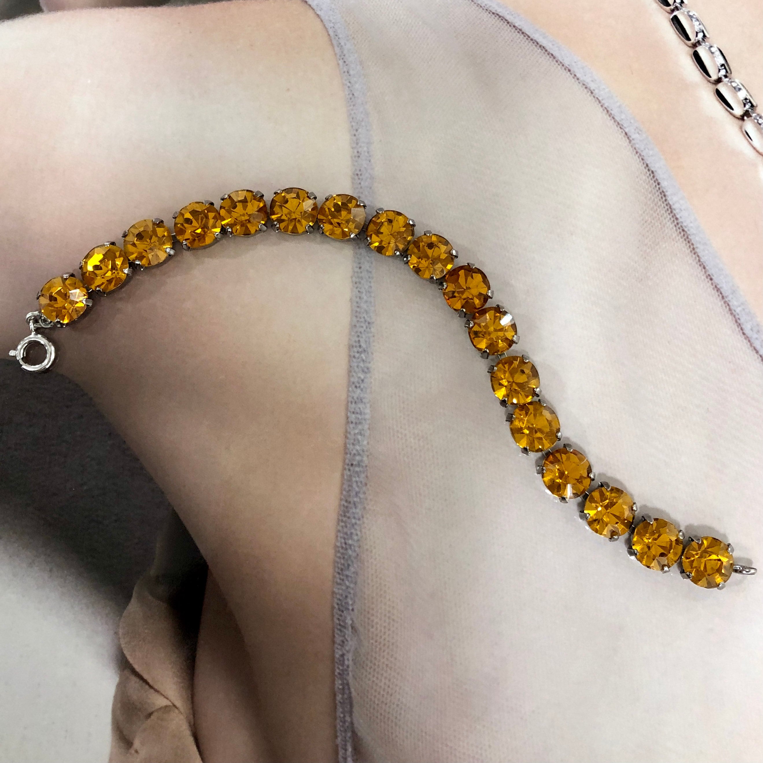 Bracelet Vintage Couture En Cristal Topaze - Taille Réglable S/M/L - Occasion Très Bon État