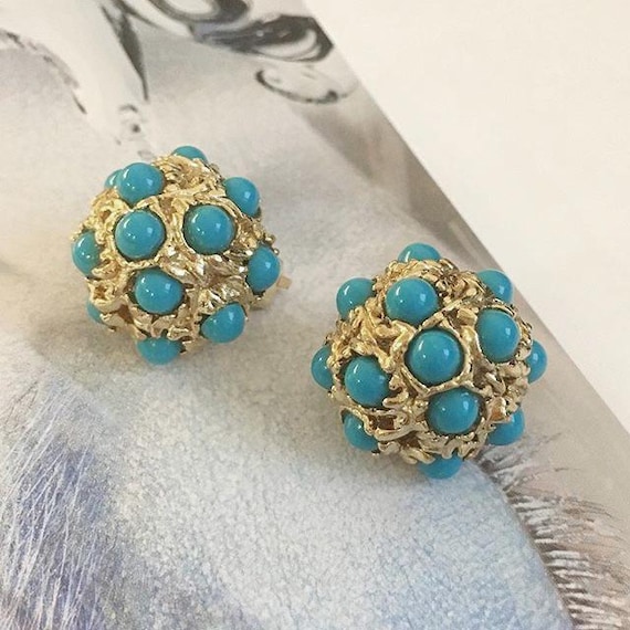 Boucles D'Oreilles à Clip Vintage Années 60 - Métal Doré Et Pierre Turquoise, Occasion