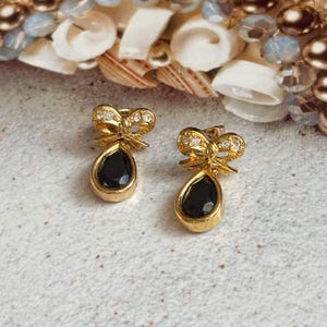 Vintage Pierced Dangle Earrings - Black Crystal Drop Bow