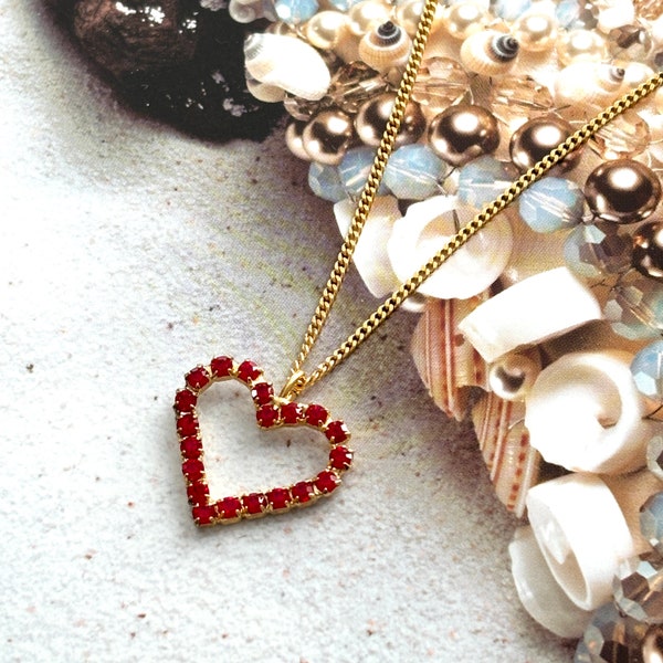 Collier VINTAGE - Coeur Cristal Rouge