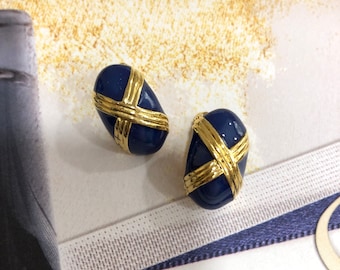 Puede incluir: Un par de pendientes azules y dorados. Los pendientes son de forma ovalada y tienen un diseño dorado que parece una cesta tejida.