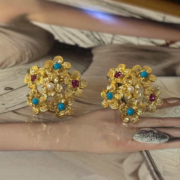 Boucles d'Oreilles Clips VINTAGE - Fleur Cristal Fuchsia Perle Couleur Turquoise
