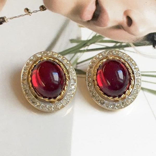 Boucles d'Oreilles Clips VINTAGE - Ovale Rouge