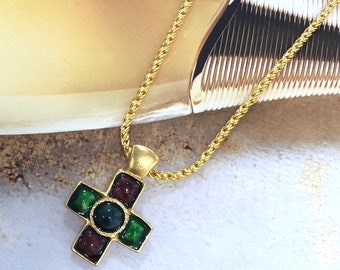 VINTAGE CAURA necklace made by SPHINX - Green Purple Cross