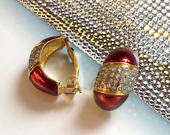 VINTAGE Clip-on Earrings – Red Crystal Half Hoops