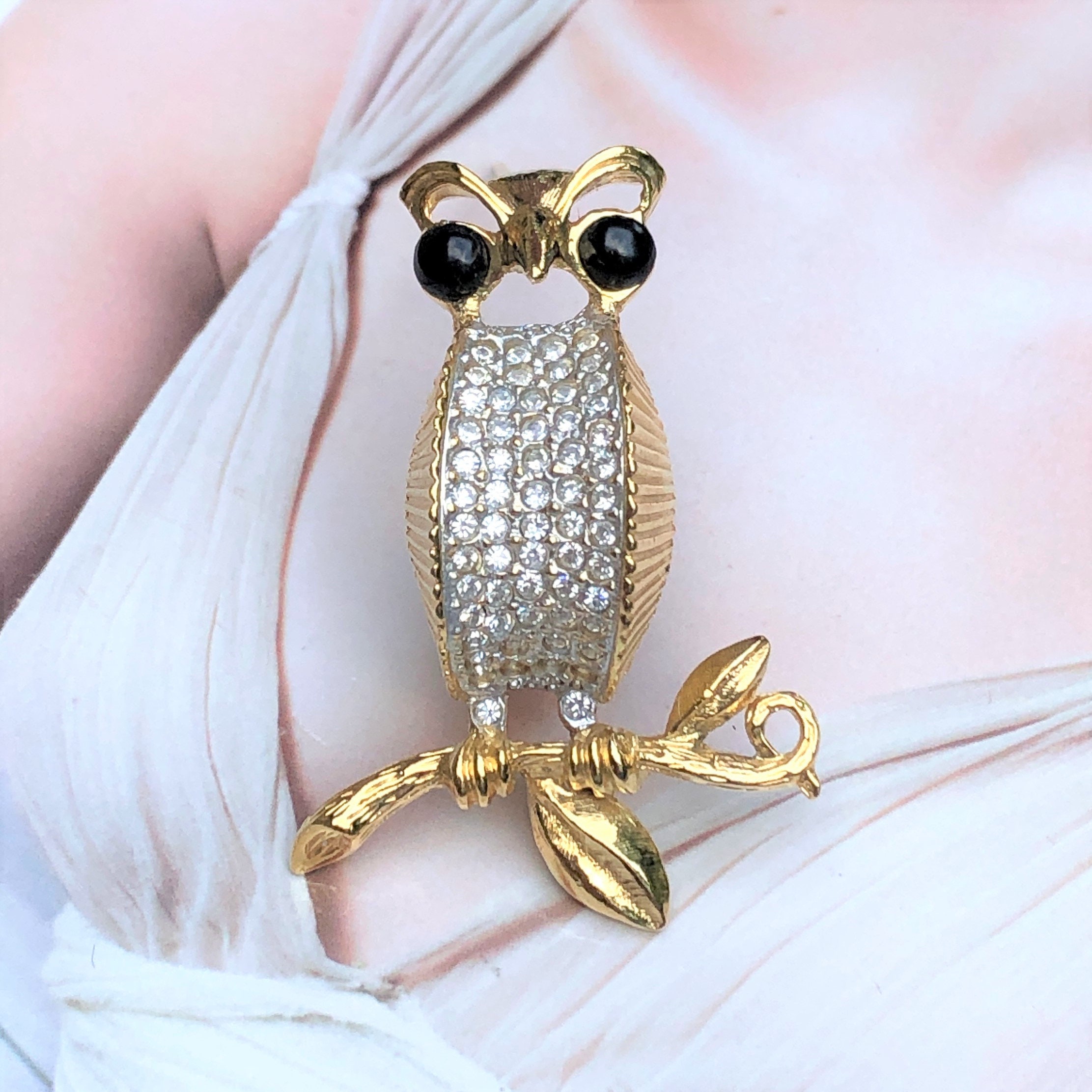 Broche VINTAGE - Oiseau Chouette Hibou Cristal
