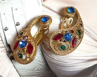 Boucles d'Oreilles Clips VINTAGE SPHINX - Néo Classique Bleu Rouge Vert Violet