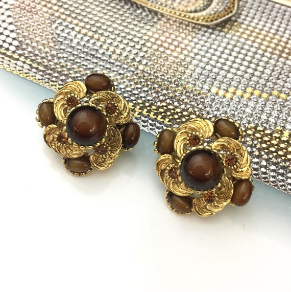VINTAGE Clip on Earrings Crystal Brown