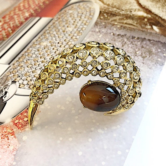 Broche VINTAGE – Feuille Cabochon Marron et Cristal