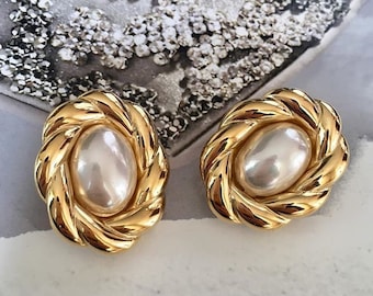 Boucles D'oreilles Clips Vintage Rondes Dorées Et Orange - Marque Agata - Occasion