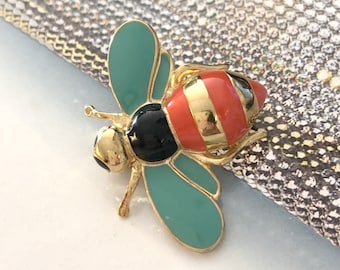 VINTAGE Brooch - Bee Black Orange and Turquoise Color or White Blue and Red or Orange and Red or Green or Brown and Pink