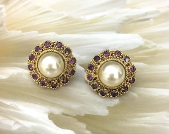 Vintage Clip-On Earrings - Purple Crystal Pearl Rosette