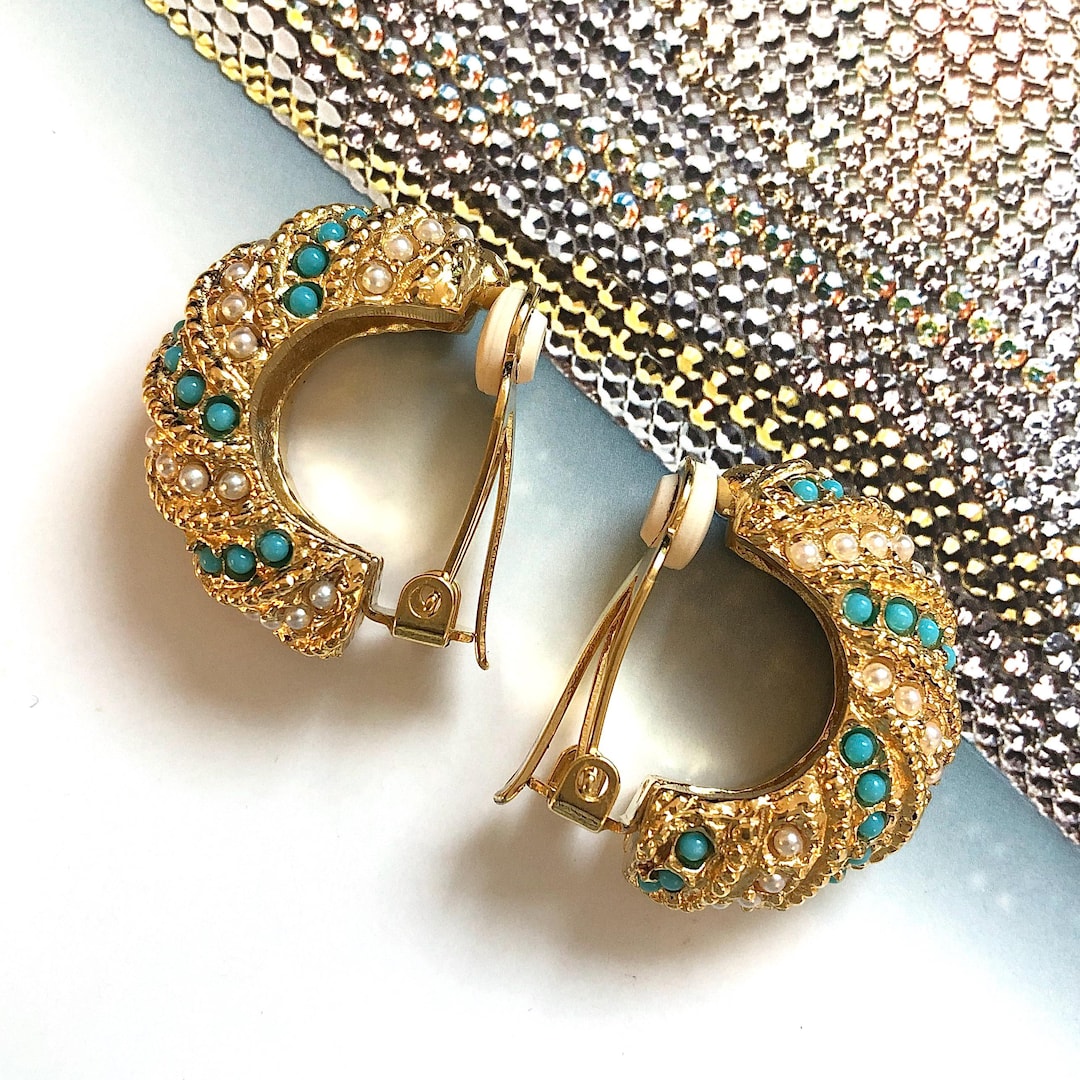 Boucles D'oreilles Clip Vintage - Perles Turquoise Et Doré - Bijou Ancien 5839