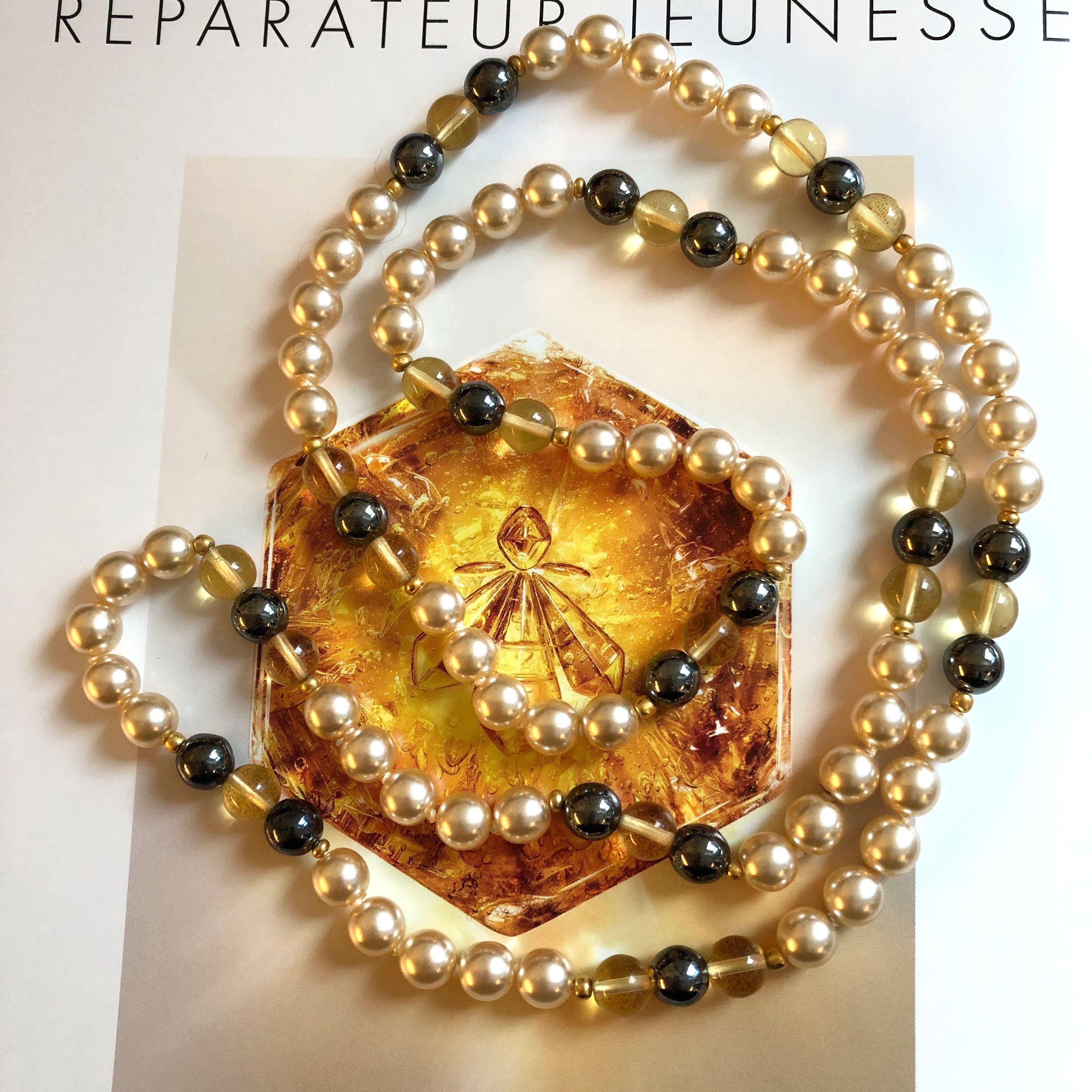 Collier Sautoir Vintage Extra Long - Perles Losange Facetté Jaune Dégradé - Fait Main
